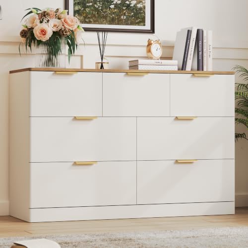 Hizetol 7 Drawer Dresser for Bedroom, 47.2" Wide Modern Chest of Drawers with Curved Profile Design, Large Wood Dresser TV Stand with Metal Handles for Bedroom, Living Room, Hallway, White & Brown