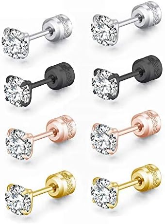 ZOCOYUU 4 Pairs Titanium Screw Back Hypoallergenic Surgical Stainless Steel Stud Earrings for Women Men,4mm 5A Cubic Zirconia Studs Double Side Earrings Piercing Sleeper Studs Jewelry
