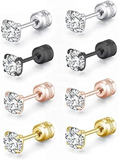 ZOCOYUU 4 Pairs Titanium Screw Back Hypoallergenic Surgical Stainless Steel Stud Earrings for Women Men,4mm 5A Cubic Zirconia Studs Double Side Earrings Piercing Sleeper Studs Jewelry