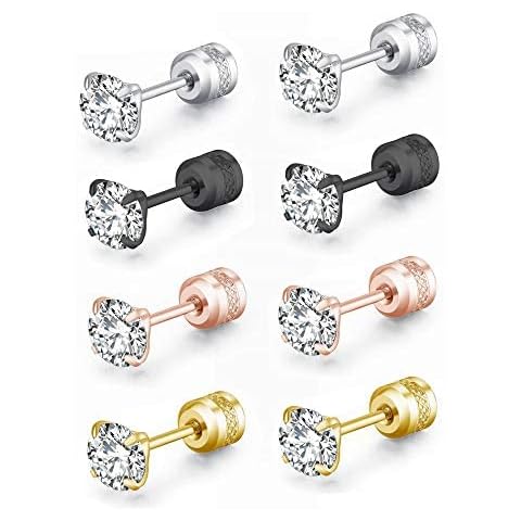ZOCOYUU 4 Pairs Titanium Screw Back Hypoallergenic Surgical Stainless Steel Stud Earrings for Women Men,4mm 5A Cubic Zirconia Studs Double Side Earrings Piercing Sleeper Studs Jewelry Cover