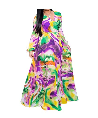 Image of lvenzse Womens Maxi Dress Boho Chiffon Floral Printed Long Party Dresses Plus Size with Belt (FBA)
