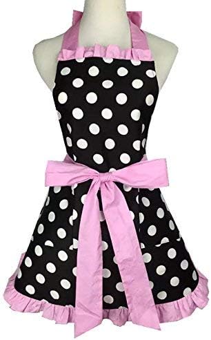 RosieLily Pink Apron for Women Retro Apron Vintage Apron Cute Flirty Apron with Pocket Kitchen Cooking Baking Kawaii Dress Cotton Frilly Ruffle 50s Ladies Apron for Women Girls Polka Dots Black Pink