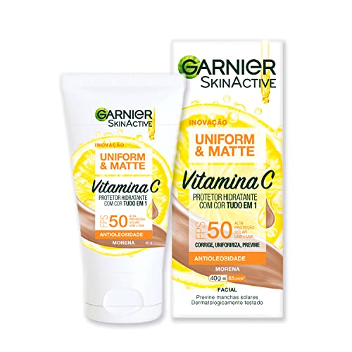 Garnier Uniform & Matte Protetor Solar Hidratante com Vitamina C, Efeito Matte Antioleosidade, Previne Manchas e Corrige o Tom da Pele, Tecnologia Camaleão, Cor Morena, 40g