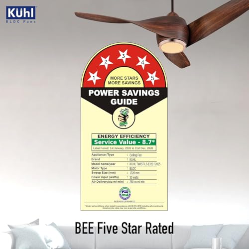 Image of KUHL Twist L3 1320 mm 65% Power Saving BLDC Ceiling Fan | BEE 5 Star Rated & ISI Marked | High Air Flow |5YearWarranty on Motor By Brand |Free Installation | IoT - Operate via Mobile & Alexa | Teak