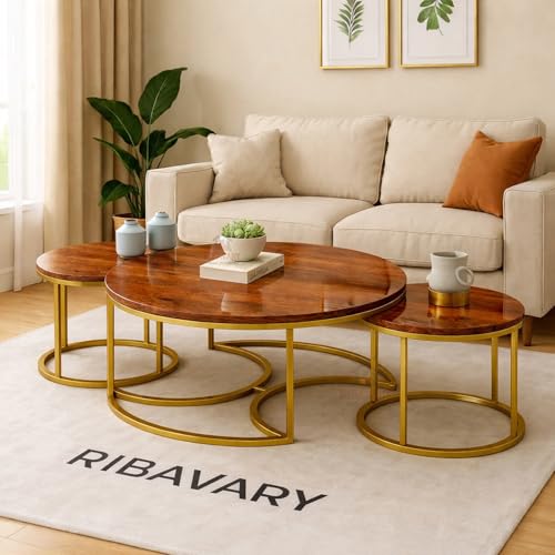Image of Round Coffee Table Set of 3, Marble Laminated Accent Center Table with Sturdy Metal Base Modern Foldable Nesting Stacking Tables for Living Room, Bedroom. (Modern, Golden-Brown.)