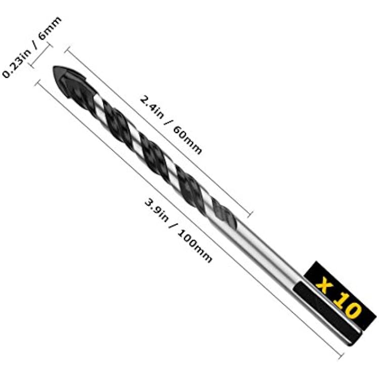 Multipurpose Drill Bits, 10-Piece 6mm Multi-Material Drill Bit Set for Drilling in Tile, Glass, Concrete, Brick, Wood, and Plastic, Tungsten Carbide Tipped Masonry Drill Bit Set for Wall Mirror