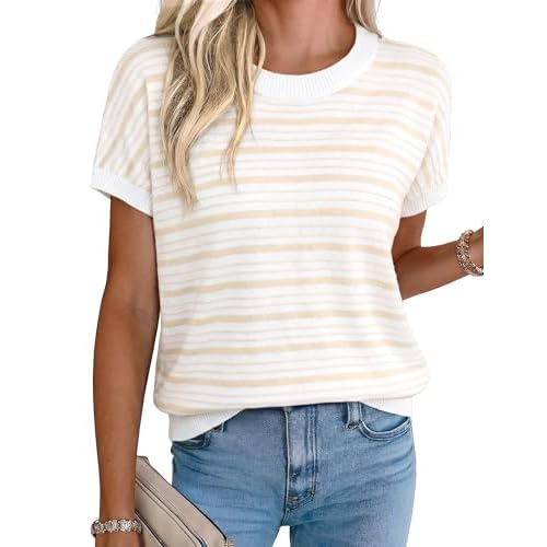 Totatuit Short Sleeve Sweaters for Womens Summer Crew Neck Knit Sweater Shirts Business Casual Work Tops 2026 Spring Outfits Khaki Stripe Medium