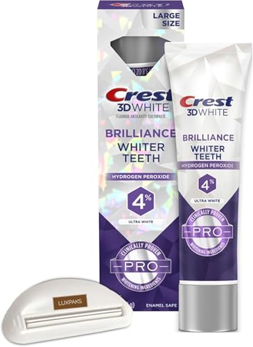 CRST 3D White Brilliance Pro Ultra White Dentifricio sbiancante per denti, 107,7 g in bundle con LuxPaks Toothpaste Squeezer - Protezione sbiancante attiva, sistema di pulizia profonda