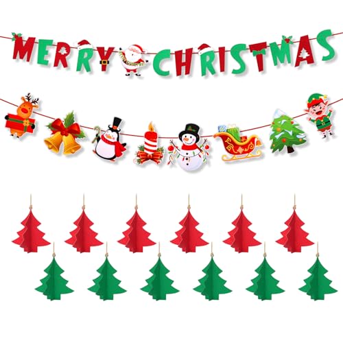 Gosknor - Merry Christmas Banner, Red and Green Christmas Hanging Banner Glitter Paper Merry Xmas Garland Sign for Home Office Party Fireplace Mantle Farmhouse Decoration