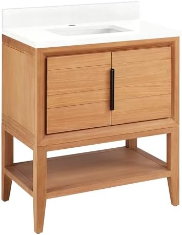 Signature Hardware 955226-30-rumb-1 Aliso 30" Console Teak Single Basin Vanity Set with Cabinet, Vanity Top, and Rectangular Undermount Sink - Single Faucet Hole - Natural Teak/Feathered White