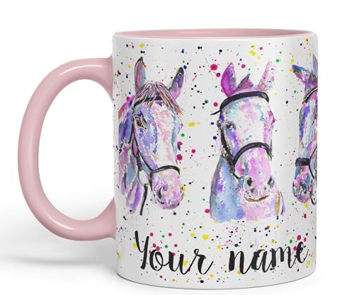 Vixar Personalised with Your Horses Horse Farm Animals Watercolour Art Coloured Mug Cup Gift Birthday Custom Work Office Tea Coffee (Pink)