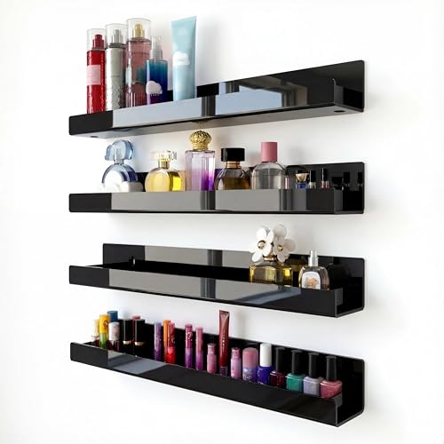 Image of 4 Pack 15 Inch Black Acrylic Floating Wall Shelves, Kids Bookshelf | Modern Display Shelf for Nail Polish, Sunglasses, Oils, Pictures & Toys