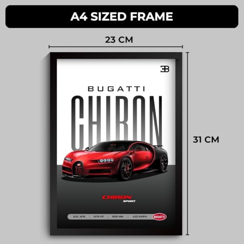 Image of Bugatti Chiron Poster | Framed Bugatti A4 Sized (31 x 23 cm) | Chiron Car Poster for Wall, Gift for Boys, Hypercar Frames | Dream Car Posters for Wall, Bedroom, Hostel, Study Area, Hostel (F 036)