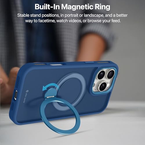 Image of eller sante Maximus Back Cover Case for iPhone 16 Pro max with Magnetic Alloy Ring Metal Kickstand Camera Protector TPU Shockproof 10ft Drop Protection Compatible with Mag-Safe- Blue