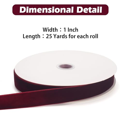 GHGMAO Burgundy Velvet Ribbon, Vintage Red Velvet Ribbon 1 Inch x 25 Yards, Velvet Christmas Ribbons for Gift Wrapping, Christmas Tree Ornaments, Flower Bouquet, Wreath Decorations, Bow Making by GHGMAO - Image 2