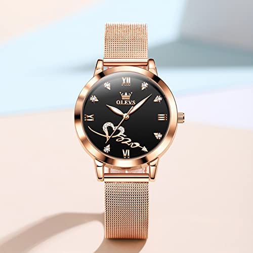 Olevs Female Watch Fashion Rose Gold Diamond Analog Quartz Ladies Luxury Dress Wrist Watch Stainless Steel Luminous Waterproof Date Gift Watch For Women Black Face Reloj Para Mujer #TOP7
