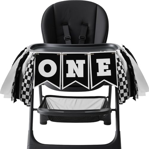 XLIUAX 1st Birthday High Chair Banner, Black White Race Car Birthday Banners, One Highchair Banner Tassel, First Birthdays Photo Prop Boy Racing Theme Decoration