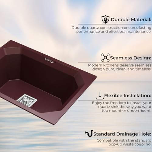 Image of BASINQU BASINQU Quartz Sink for Kitchen | 24x18x9 Inches Brown Single Bowl Sink For Kitchen Basin Diamond Designed | Granite UV Protected Scratch Resistant, Undermount /Topmount Kitchen Sinks