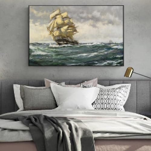 Peinture sur toile paysage marin HYFBH 70x95cm tableau bateau et vague avec cadre