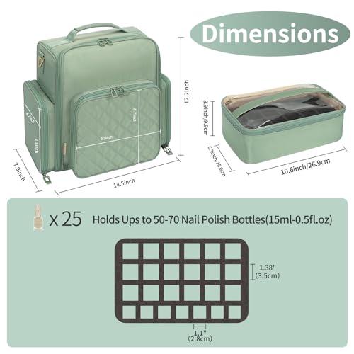 OCHEAL Nail Polish Organizer, Holds Nail Lamp and 75+ Bottles, Nail Organizers and Storage Holder Case with 3 Individual Bags Fit Manicure Tools Manicurist Travel Carrying kit -Green by OCHEAL - Image 5