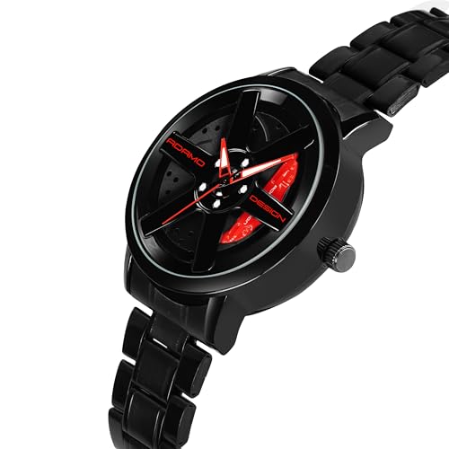 Image of ADAMO Men's New Car Wheel Watch with Rolling Creative Fashion Analog Watch, Black Dial Zink Alloy Case Men's Watch, Stainless Steel Black Color Band, Quartz Movement, Water & Scratch-Resistant