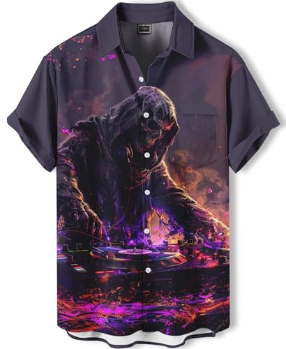 DADDYLOCO Men's Hawaiian Shirt, Skull DJ Print, Short Sleeve Button Down, Purple and Black, 100% Polyester, Regular Fit