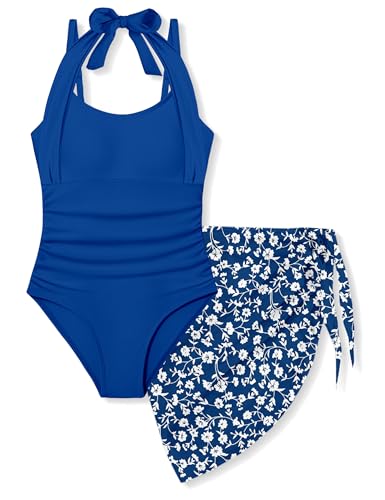 Image of Girls Swimsuit Set - Halter Neck One Piece Bathing Suit with Tropical Cover Up Skirt Swimwear for Kids 7-18Y