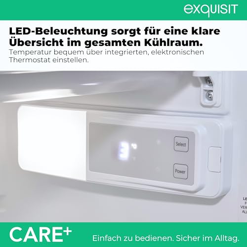 Exquisit CARE+ Kühlschrank mit Gefrierfach | 121 l, leise 39 dB, Energieklasse E | einfache Bedienung, gut ablesbar, hoher Komfort | LED-Beleuchtung, Glasablagen | KS16-4-HEA-090E inox