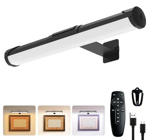 Image of MIOBLUE Picture Light Battery Operated, 13.8in Wireless Art Light for Paintings, Dimmable 4400mAh Recharging Battery Display Light with Remote Control for Wall, Gallery Dartboard Art Bedroom