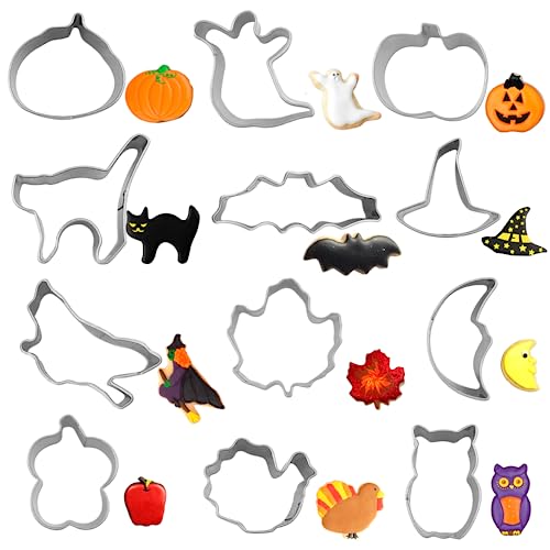 PTaizjjz Halloween Ausstechformen Set 12 Stück Mini Halloween Ausstechformen aus Edelstahl Kürbis Geist Fledermaus Hexenhut Katze und mehr