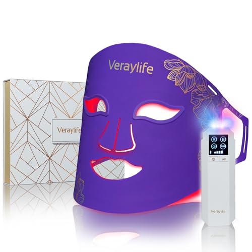 Veraylife Red Light Therapy for Face, LED Facial Mask, Skin Care Light with Near Infrared 850nm & Adjustable Blue Light, Portable Home Device with 7 Colors & 8 Modes, 432 Beads Pro LEDs (Purple-F)