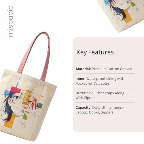 Image of Canvas Tote Bag with Zipper for Women| Inside Pocket | Cotton College Shoulder Bag | Stylish Travel Sling & Handbag for Daily Use | Cotton Canvas Fabric