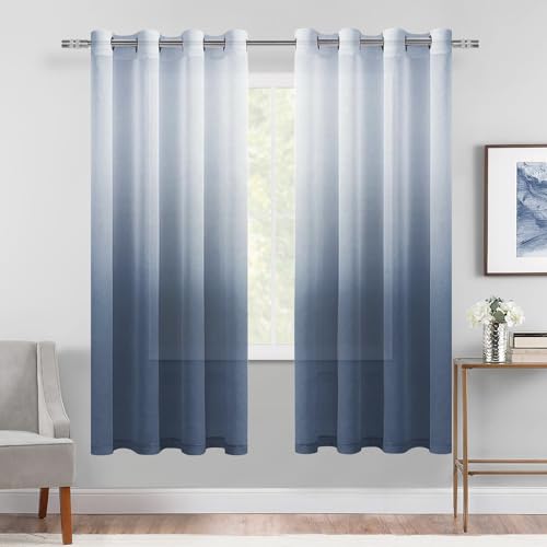 DWCN Blue Ombre Sheer Curtains 63 Inches Long for Living Room 2 Panels Set