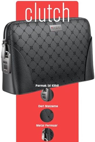 YESIDO Clutch Deri El Çantası, Premium Sığır Derisi, Biyometrik Parmak İzi Kilidi, Unisex, Metal Fermuar, Suya ve Aşınmaya Karşı Dayanıklı, 24x6x15.5 cm, WB56, Siyah - Görsel 3