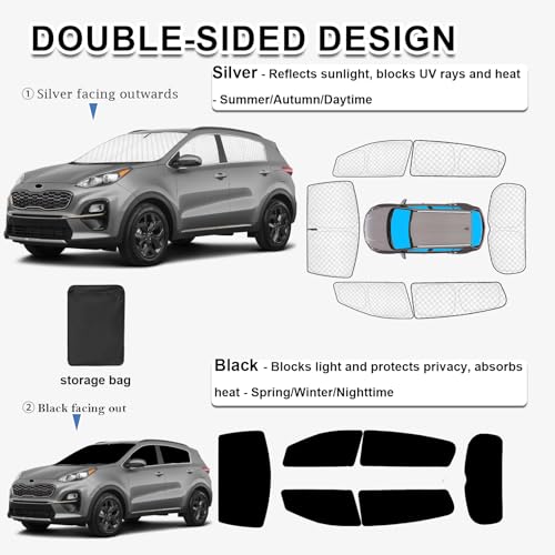 Image of KMF 6pcs Thicken Sun Shades for KIA Sportage 2017-2022 Accessories, Custom Fit Full Car Window Covers for Windshield Side Rear, UV Block and Privacy Blackout for Camping Outdoor