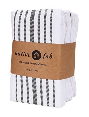 Native Fab 12 Pack Scandia Stripe Kitchen Dish Towels Cotton Absorbent Durable Washable 14X25 - Tea Towels, Dish Cloths, Restaurant Cleaning Towels, Kitchen Towels With Hanging Loop, Grey White #TOP1