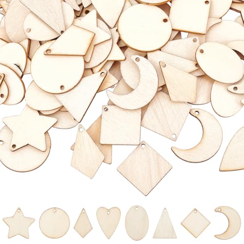 PH PandaHall 160pcs 8 Styles Small Undyed Wood Pendants Natural