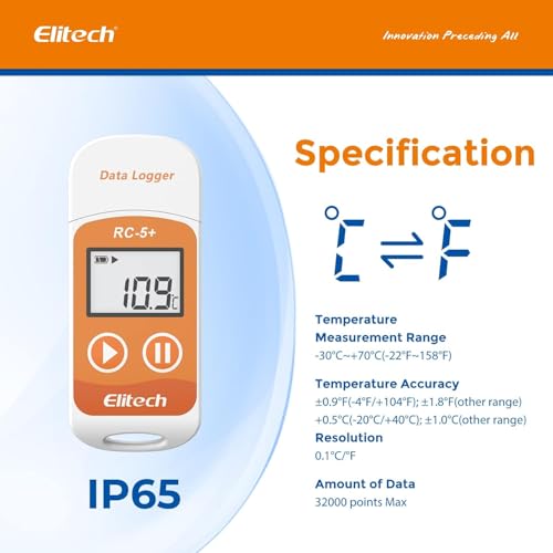 Elitech RC-5+ Digital USB Temperatur Datenlogger Wiederverwendbarer Rekorder PDF&CSV Kühlschrankthermometer 32000 Punkte Hohe Genauigkeit 10Pack