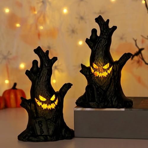 Tocón de árbol con luz LED, 2 unidades, fantasmas de Halloween, tocón de árbol, figuras luminosas, halloween LED, tocón de árbol, con pilas, para decoración de Halloween, decoración de fiestas (x 2)