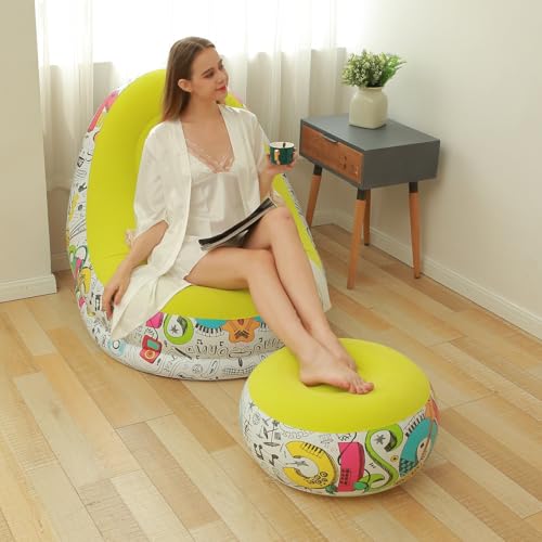 Image of Primechoice Pu, Plastic Inflatable Lounge Chair with Footrest 2-in-1 Air Sofa for Adults, Folding Portable Lazy Recliner with Pump for Indoor Living Room, Office, Outdoor Camping (Graffiti Yellow)