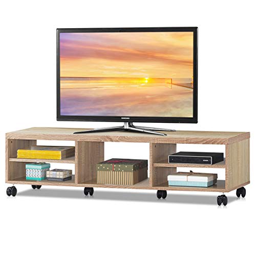 COSTWAY Meuble TV Moderne Mobiles avec 6 Roues pour TV 50' au Max, Banc TV 5 Etagères Ouverts Surface Anti-Rayures 150x32x40cm(chêne)