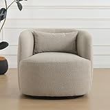 KINWELL 34' Wide Sherpa Swivel Barrel Chair, No Assembly Round Boucle Upholstered Accent Chair Armchair Single Sofa Chair with Toss Pillow for Living Room and Bedroom, Taupe