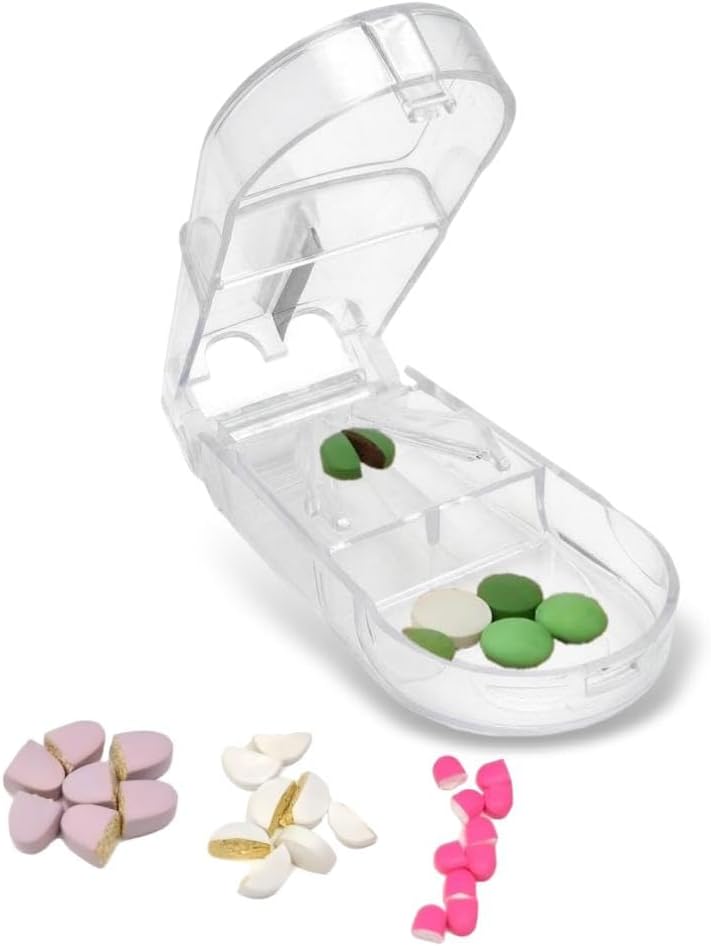 Pill Cutter, Precise 1/2 Pill Splitter for Small and Large Pills, Portable Medicine Divider with Storage Compartment, for Travel and Daily Use (White, Clear Mini)