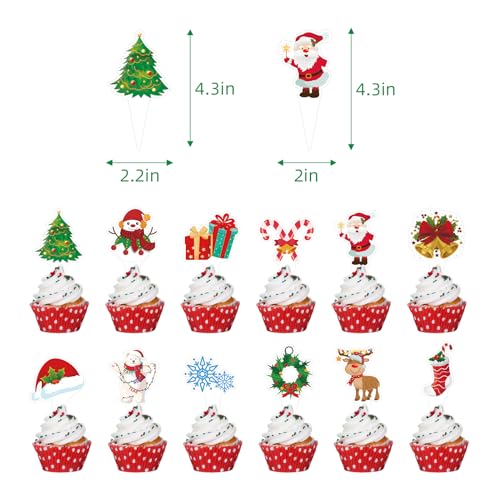 Yoomod Merry Christmas Cake Topper Decorations Christmas Cupcake Toppers - Holiday Party Baking Supplies Cake Decorating Kit with Reindeer Santa Christmas Tree Snowflake Candy Cane - Thumbnail 7