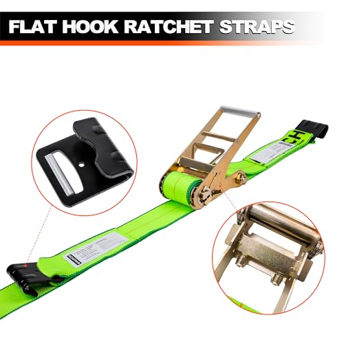 Mimanchi 4 Inch Ratchet Straps with Flat Hooks, 2 Pack, 40ft Heavy Duty Tie Down Straps for Flatbed Truck Trailers Pickup, Green Webbing Cargo Straps,20,000 Lbs Breaking Strength by Mimanchi - Image 4