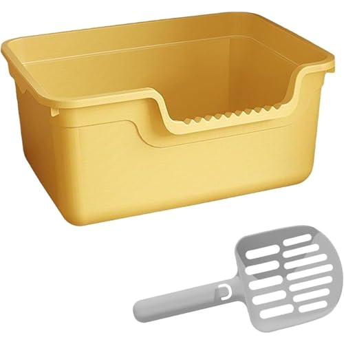 Diggly猫用トイレボックス、ローエントリー猫用トイレ容器、一体型猫用トイレボックス、オープン、シンプル、ポータブルペット用品、大容量、ふるい付き猫用トイレボックス、小型および大型猫に適しています (イエロー,大きい)