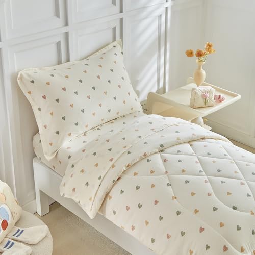 Image of DuShow White Star Toddler Bedding Set,4 Pieces Reversible Toddler Comforter Set,Ultra Soft Crib Bed Set for Girls and Boys,Including Comforter,Sheets and Pillowcase