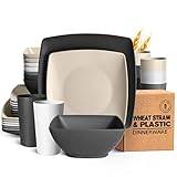 Teivio 32-piece Plastic Wheat Straw Square Dinnerware Set for 8, Unbreakable Dinner Plates, Salad Plates, Snack Bowls, Tumblers 20 oz, Dishwasher Safe, Stone