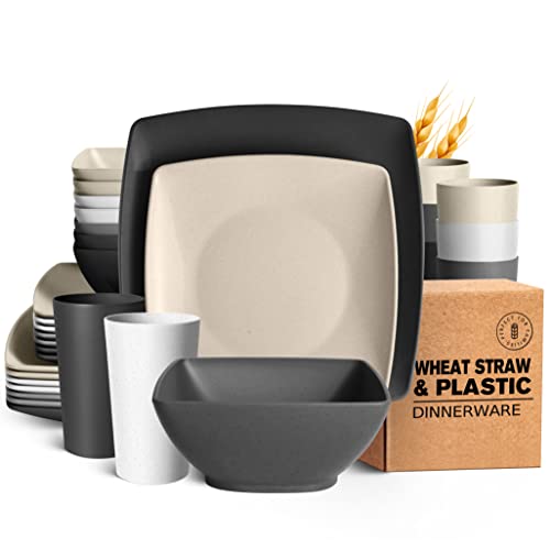 Teivio 32-piece Plastic Wheat Straw Square Dinnerware Set for 8, Unbreakable Dinner Plates, Salad Plates, Snack Bowls, Tumblers 20 oz, Dishwasher Safe, Stone