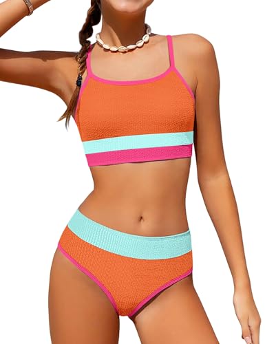 Image of Girls Bathing Suit Color-Block Adjustable Straps Bikini Sets Girls Two Piece Swimsuits with Chest Pad Swimwear 7-18T